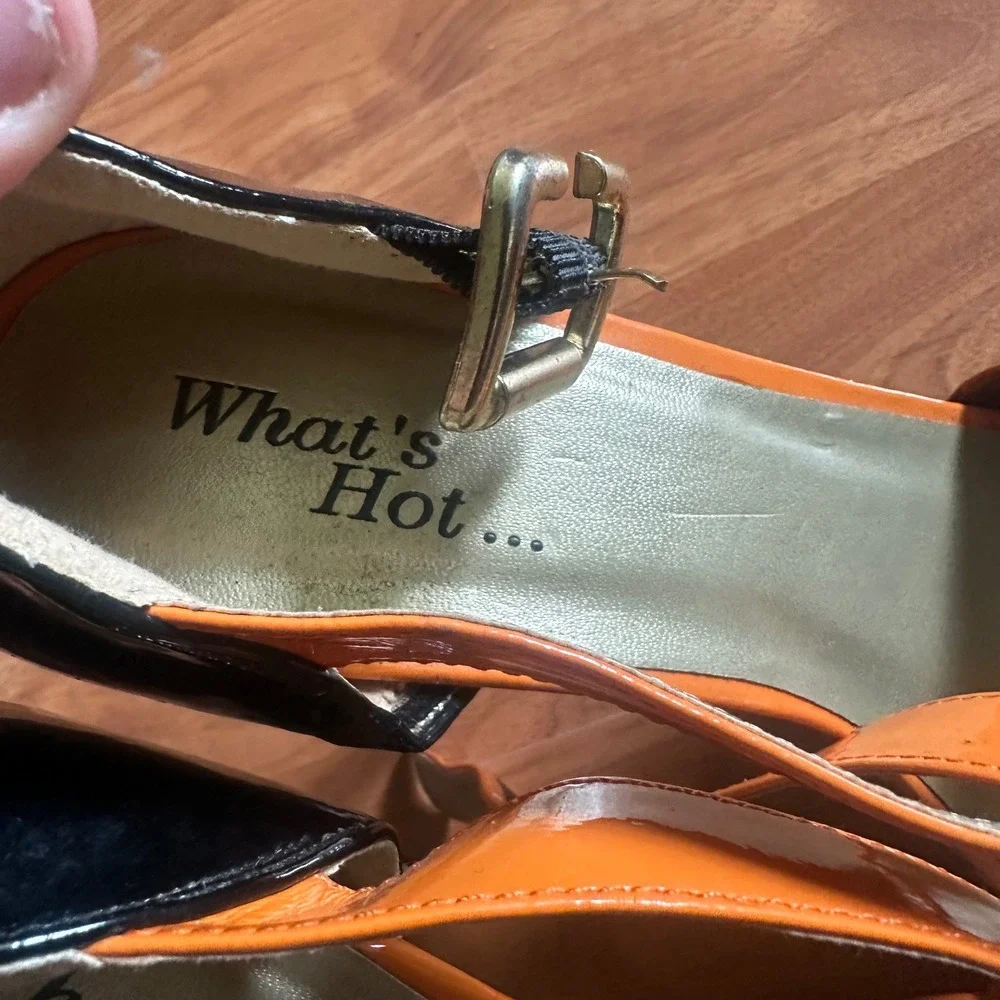 What's Hot Sandals Womens 9‎ Orange Black Patent Woven Stiletto Platform Heels